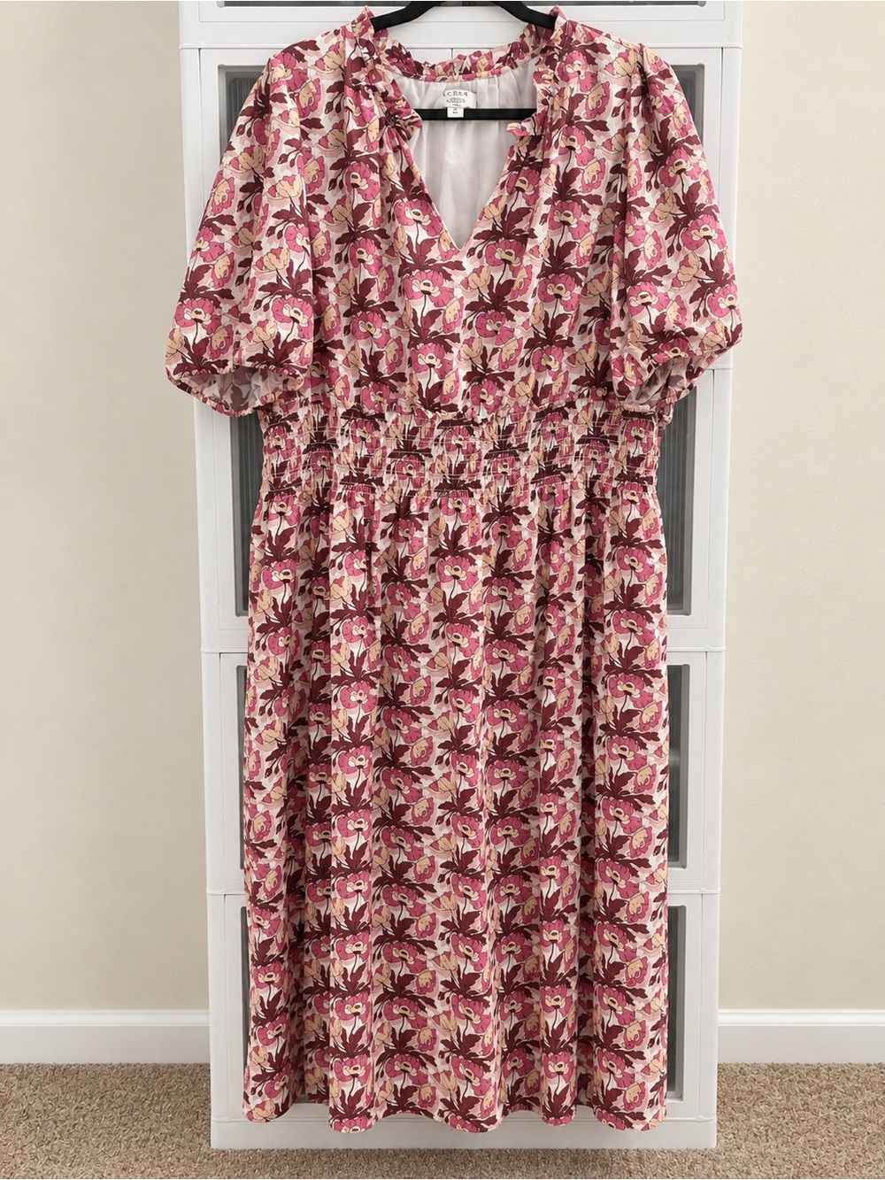 J. Crew Pink Floral Smocked-Waist Midi Dress